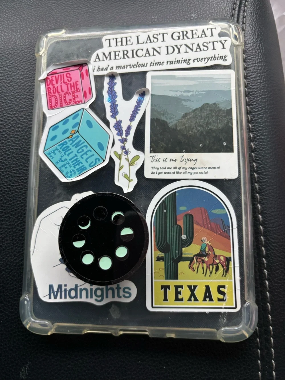 Clear Sticker-Covered Kindle Case with Black Pop Socket